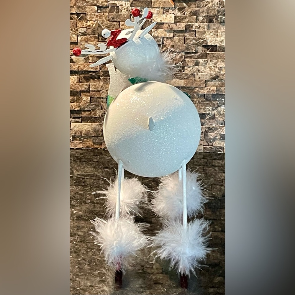 Pier 1 White Glitter Reindeer with Santa Hat & Boots Green Scarf Christmas decor - Picture 2 of 11
